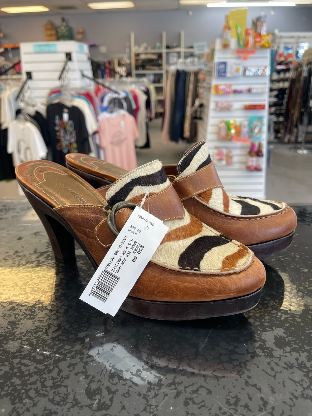 Matisse Brown, Black & White Haircalf Animal Print Platform Mules